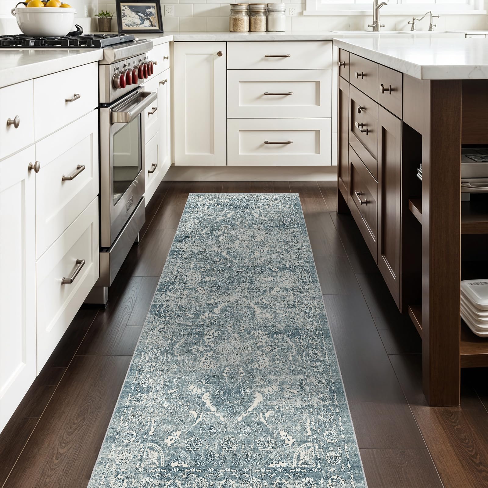 2'6"x8 Washable Runner Rug: Vintage Non-Slip Medallion Rug for Kitchen Blue
