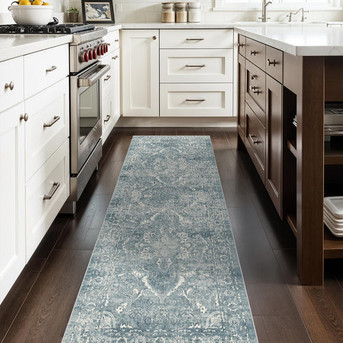 2'6"x8 Washable Runner Rug: Vintage Non-Slip Medallion Rug for Kitchen Blue