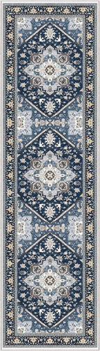 OPPODREAM Soft Entryway Rug 2x8, 2x8 Rug Runner, Washable Hallways Carpet 2 x 8 with Non Slip Backing, Low-Pile Bedside Carpet 2 x 8, Long, Faux Cashmere, Navy Blue & Gold