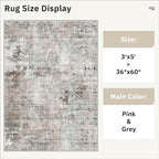 3x5 Rug, Abstract Small Area Rug for Kitchen, Entryway, Machine Washable Non-Slip Throw Rug, Vintage Carpet for Nursery Coffee Table Pink Grey