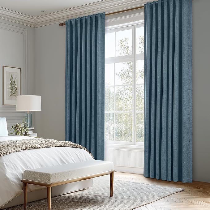 MIULEE 100% Blackout Linen Curtains for Bedroom, Stone Blue Solid Luxury Decor Thermal Insulation Room Darkening Drapes for Living Room Nursery Back Tab Rod Pocket 42 x 84 Inches, 2 Panels