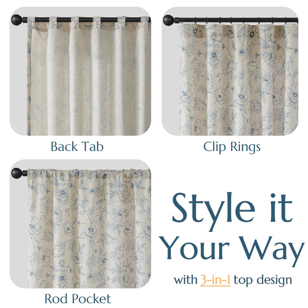 jinchan Floral Linen Curtains for Living Room 63 Inch Length Blue Flower Curtain Rod Pocket Back Tab Farmhouse Curtains with Printed Floral Bedroom Window Curtain Set, 2 Panels Blue