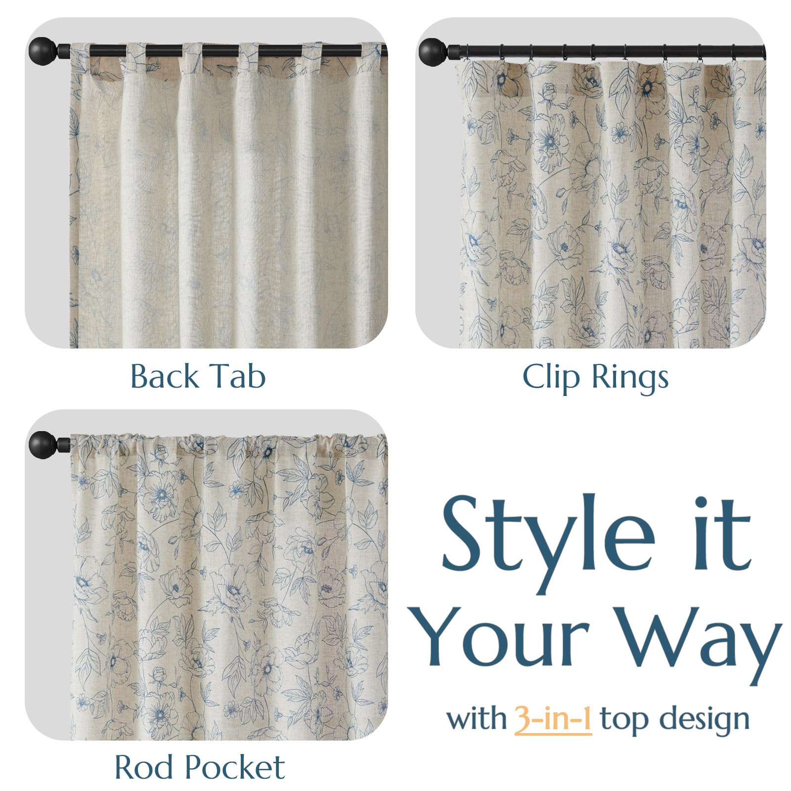 jinchan Floral Linen Curtains for Living Room 63 Inch Length Blue Flower Curtain Rod Pocket Back Tab Farmhouse Curtains with Printed Floral Bedroom Window Curtain Set, 2 Panels Blue