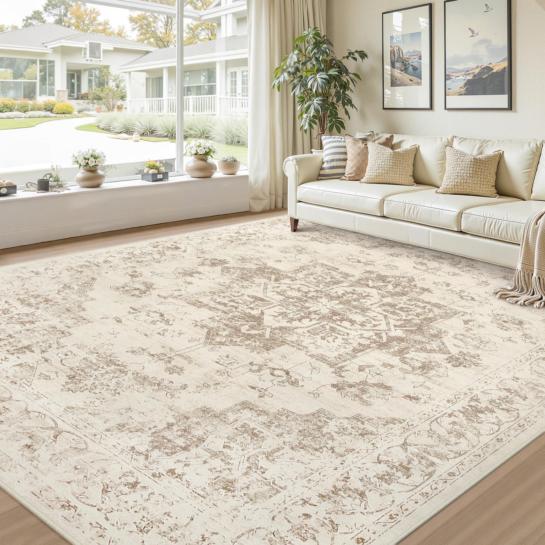 Luxturiy Area Rugs 9x12 Living Room: Bedroom Washable Carpet Beige/Ivory