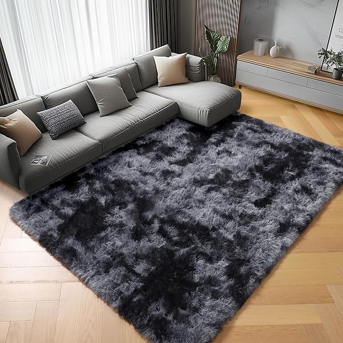ONASAR 6x9 Area Rugs for Living Room Bedroom, Tie-Dyed Dark Grey Large Fluffy Bedside Throw Rug, Soft Plush Shaggy Fuzzy Floor Carpet for Nursery Kids Girls Boys Teen Dorm Home Decor
