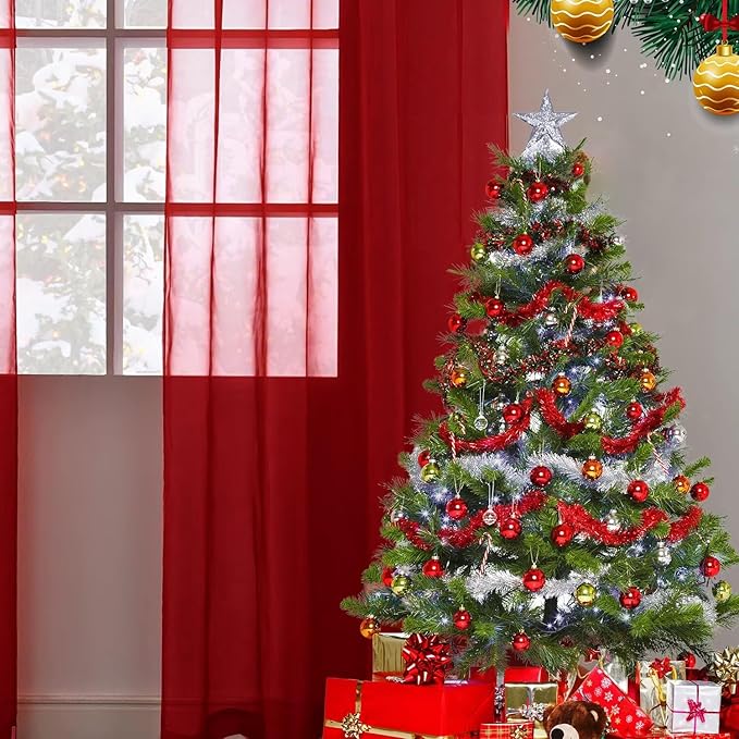SpaceDresser Sheer Voile Window Treatment Rod Pocket Curtain Panels for Kitchen Bedroom Living Room Drapes Sunlight Filtering Privacy Semi Home Decor Assorted Colors Sizes (Christmas Red, 52 W x 45 L)