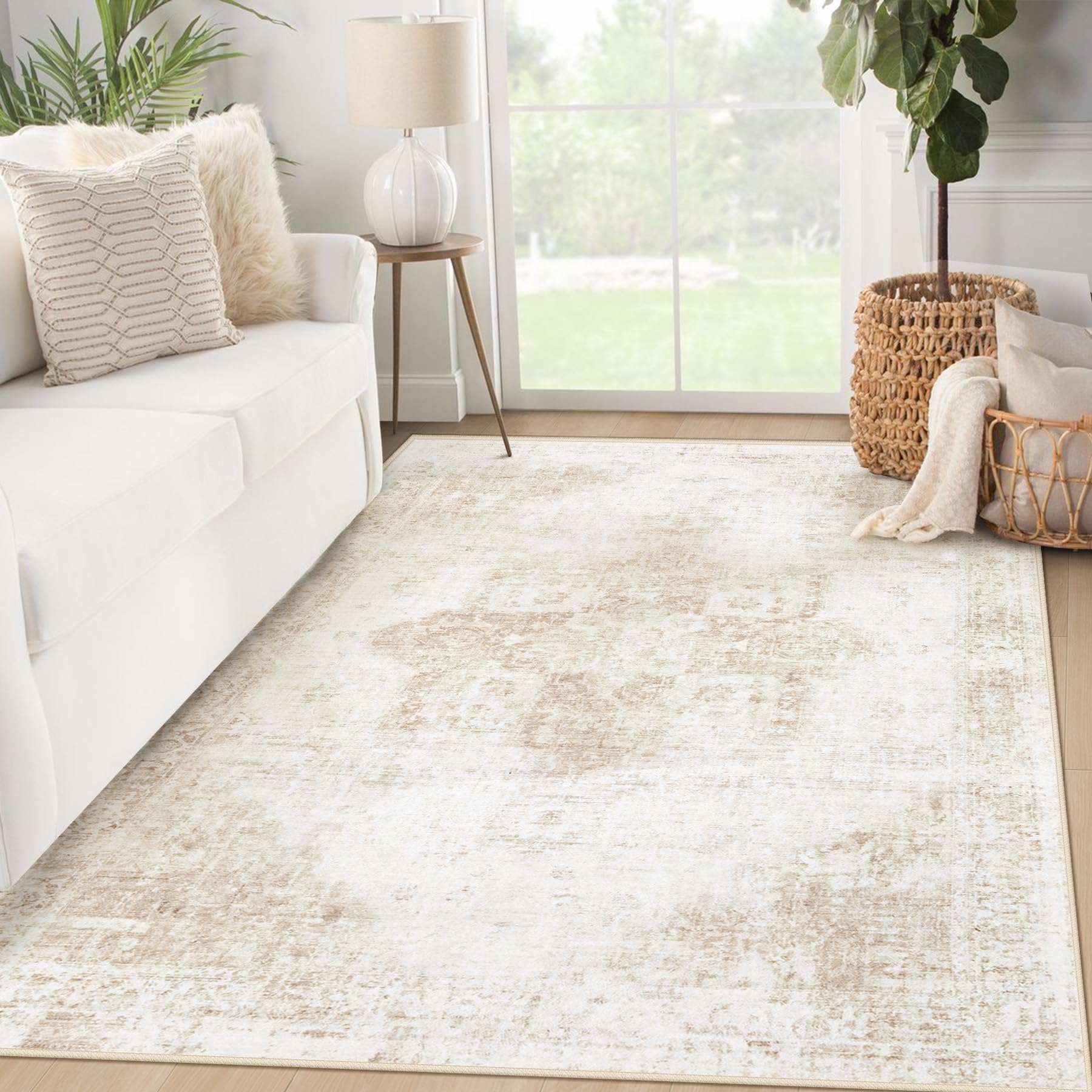 VECARF Area Rug 3x5 Washable Rug, Vintage Boho Medallion Entryway Rug Non-Slip Soft Low Pile Small Distressed Floor Carpet Retro Doormat for Kitchen Bedroom Laundry Bathroom Hallway (Beige, 3'x5')