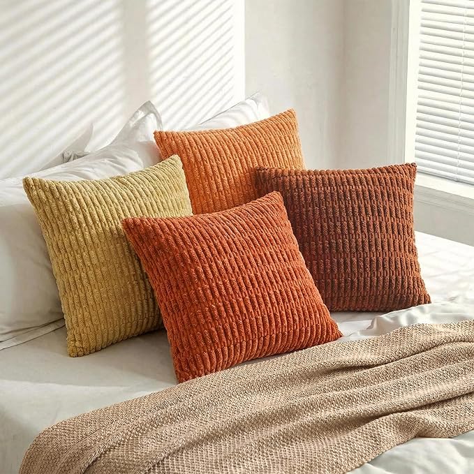 Fancy Homi Set of 4 Burnt Orange Fall Decorative Throw Pillow Covers 20x20 Inch for Couch Bed Chair, Modern Farmhouse Boho Room Decor, Soft Fuzzy Corduroy Textured Striped Cushion Case 50cm
