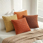 Fancy Homi Set of 4 Burnt Orange Fall Decorative Throw Pillow Covers 14x14 Inch for Couch Bed Chair, Modern Farmhouse Boho Room Decor, Soft Fuzzy Corduroy Textured Striped Cushion Case 35cm