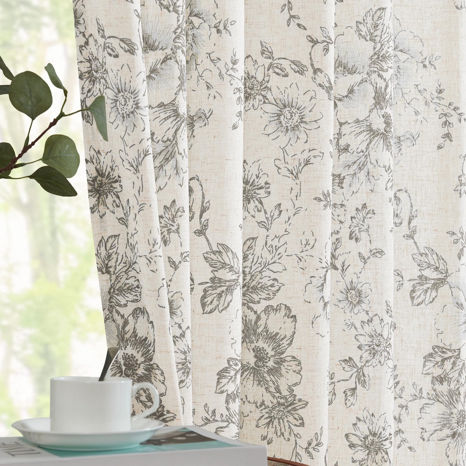 jinchan Vintage Floral Linen Curtains 54 Long for Living Room 2 Panels