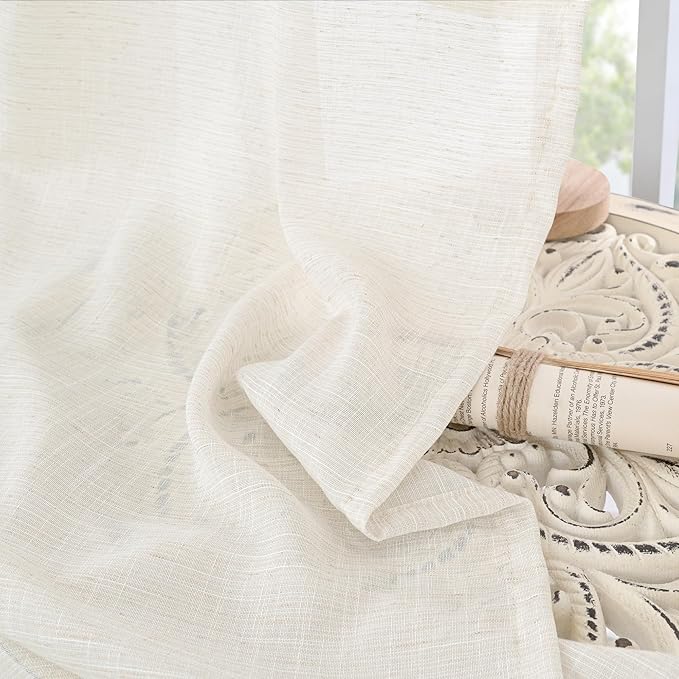 BGment Short Linen Curtains 45 Inch Length for Cafe Kitchen Windows - Rod Pocket Light Filtering Semi Sheer Drapes Textured Bedroom Decorative Lightweight Natural Rustic, 2 Panels Set, 30 X 45 Inch
