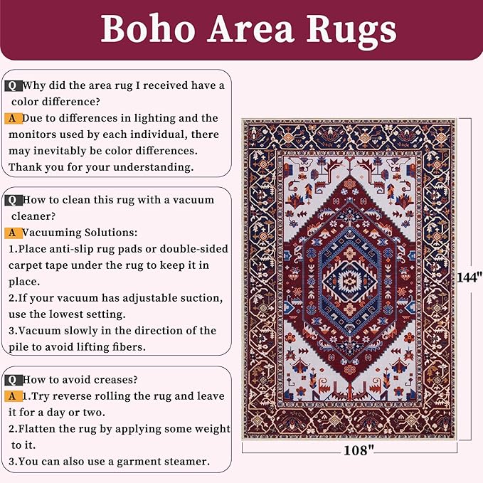 SERISSA 9x12 Washable Non Slip Boho Area Rug for Living Room