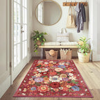 Floral Machine Washable Rug, 3x5 Rug Non Slip Soft Bedroom Rugs for Entryway Dorm, Ultra-Thin Rugs for Bedroom Stain Resistan(3 x 5, Red Garden)