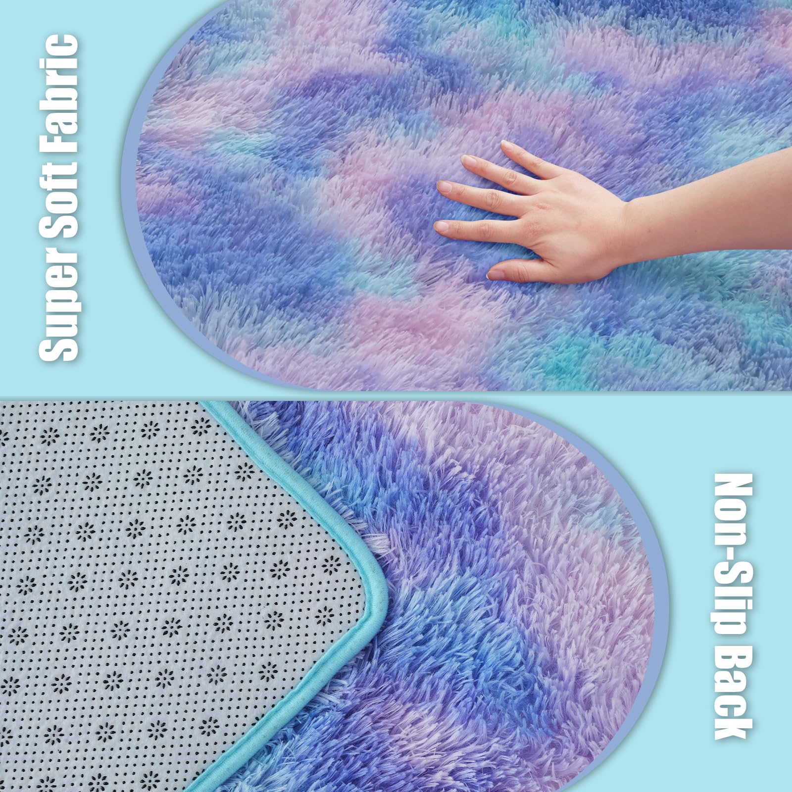 3x5 Area Rug for Bedroom, Rainbow Purple Fluffy Shag Rug Plush Carpet