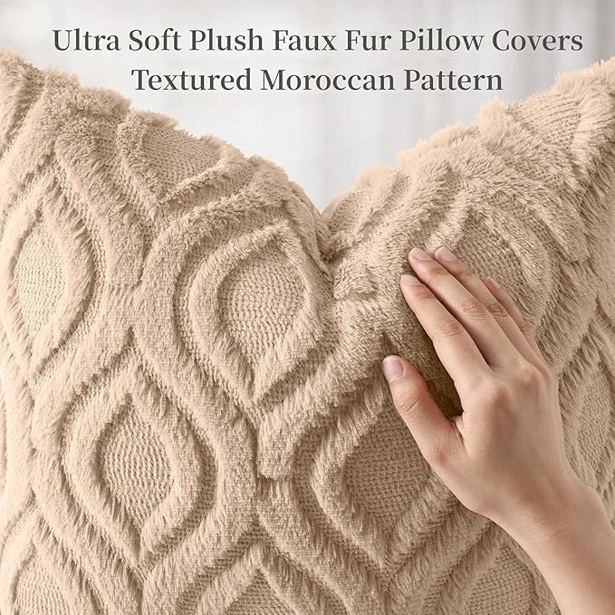 decorUhome Throw Pillow Covers 16x16 Inch Set of 2, Soft Plush Faux Wool Light Khaki Solid Couch Pillow Covers, Accent Farmhouse Neutral Square Pillow Cases for Sofa Bed Living Room
