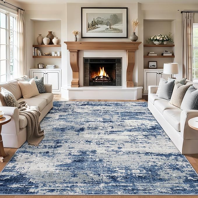 8x10 Area Rugs for Living Room - Washable Rug Modern Abstract Soft Large Neutral Non-Slip Carpet Indoor Floor Thin Carpets for Bedroom Dining Room Farmhouse Nursery Home Office Blue Gray