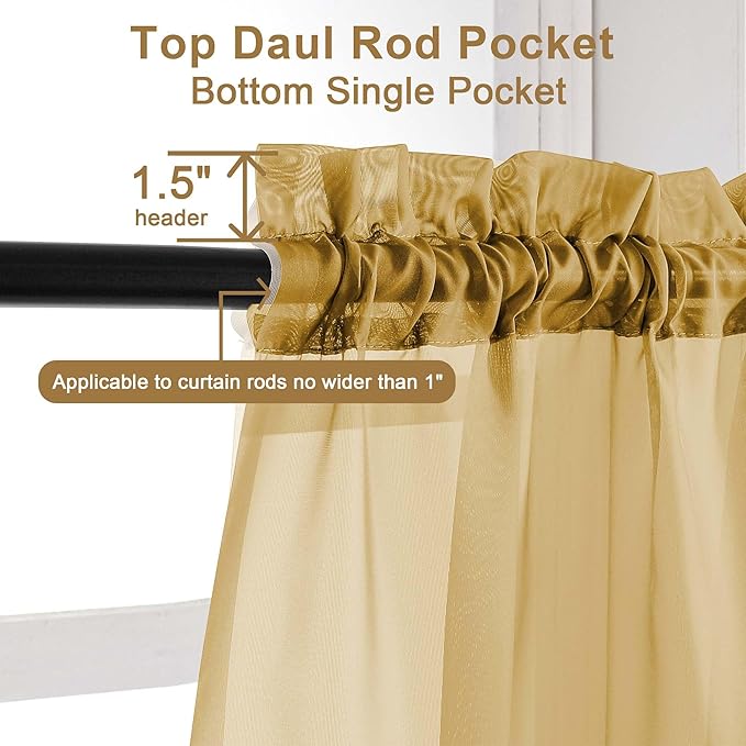Chyhomenyc Gold Sheer Curtains 30 inch Length 2 Panels, Light Filtering Voile Rod Pocket Short Window Curtians for Bathroom Living Room Farmhouse Small Windows, 42Wx30L inches
