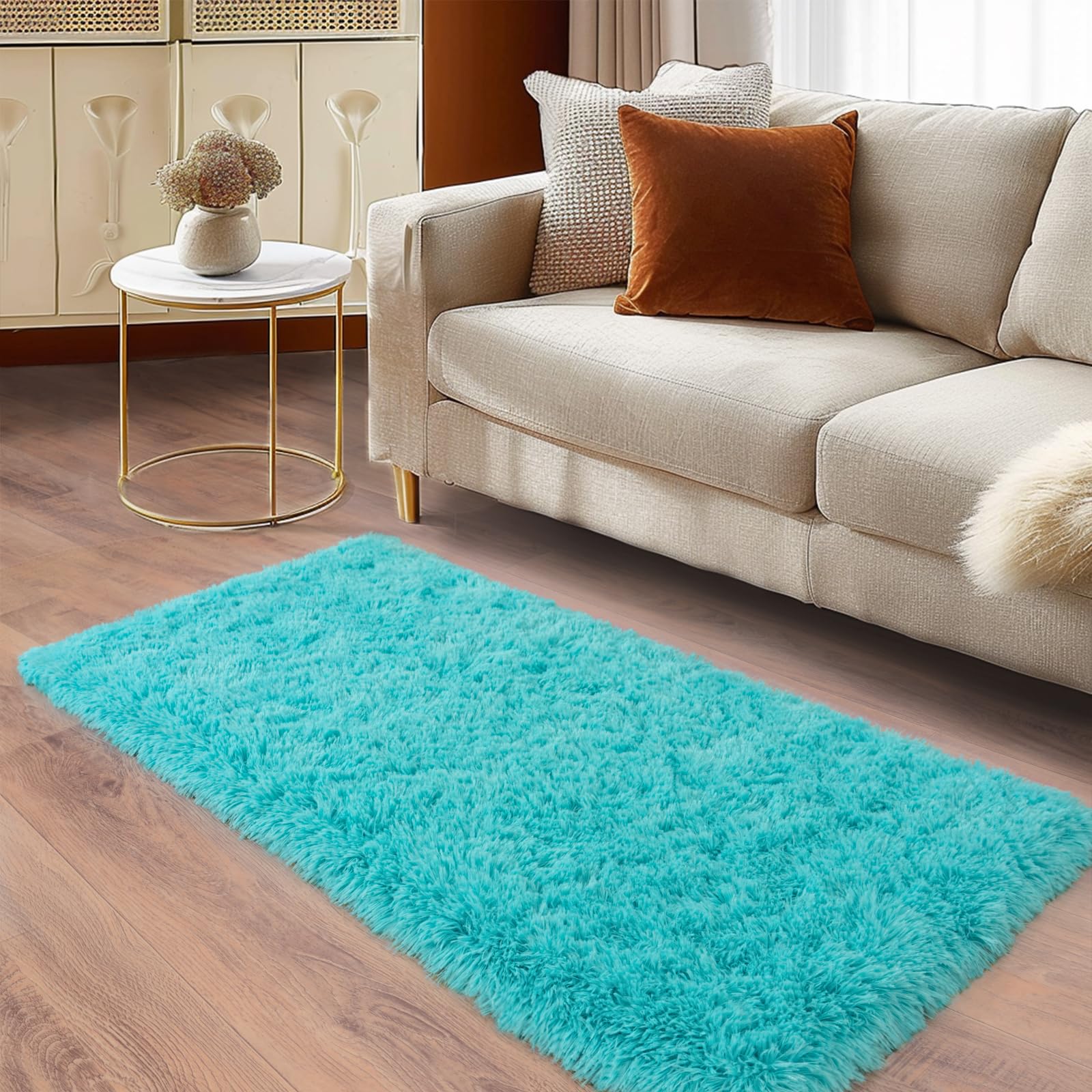 Ailyei Soft Runner Rugs for Bedroom Hallways, 2x4 Teal Blue Fluffy Shag Throw Area Rug Non Slip for Bedside Dorm, Long Shaggy Furry Carpet for Nursery Living Room