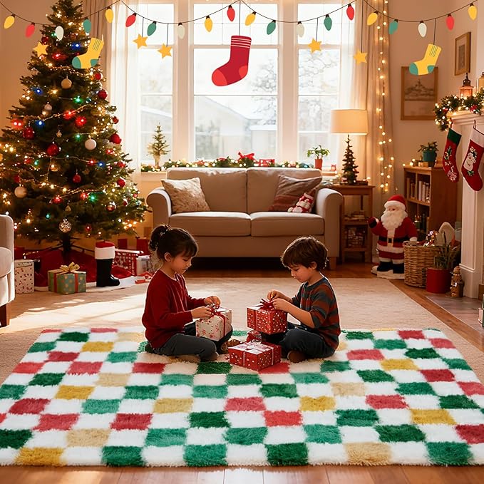 Checkered Area Rug 4x6 for Bedroom Living Room, Christmas Shag Rug Fuzzy Shaggy Bedside Carpet, Indoor Plush Floor Rugs for Holiday Home Decor