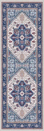 OPPODREAM Soft Entryway Rug 2x6, 2x6 Rug Runner, Washable Hallways Carpet 2 x 6 with Non Slip Backing, Low-Pile Bedside Carpet 2 x 6, Long, Faux Cashmere, Navy Blue & Red & Cream