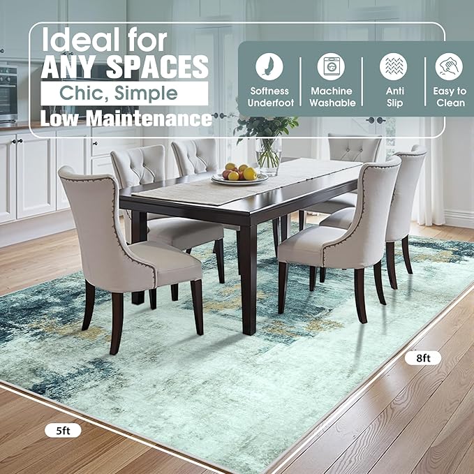 5x8 Area Rugs for Living Room Washable Bedroom Dining Room Teal Grey Gold