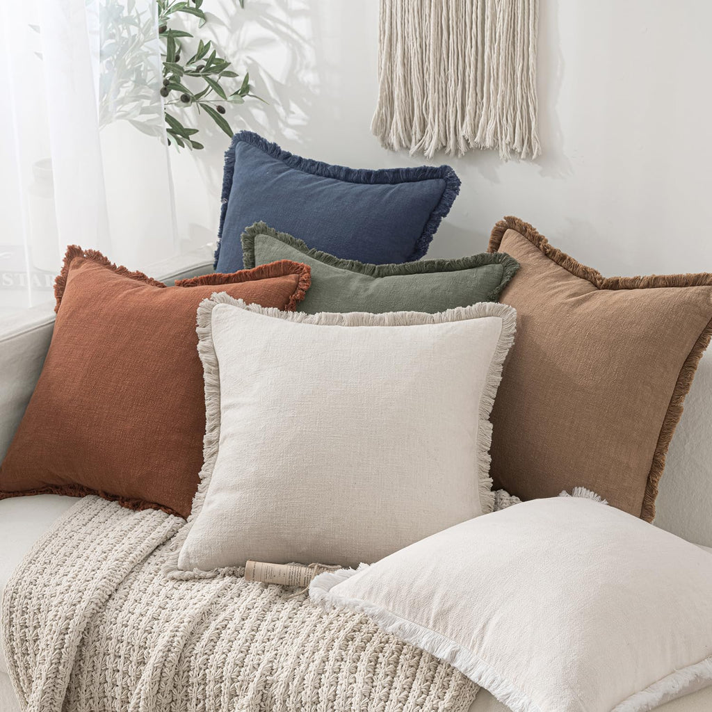 MIULEE Linen Fringe Decorative Throw Pillow Covers Natural Beige 18x18