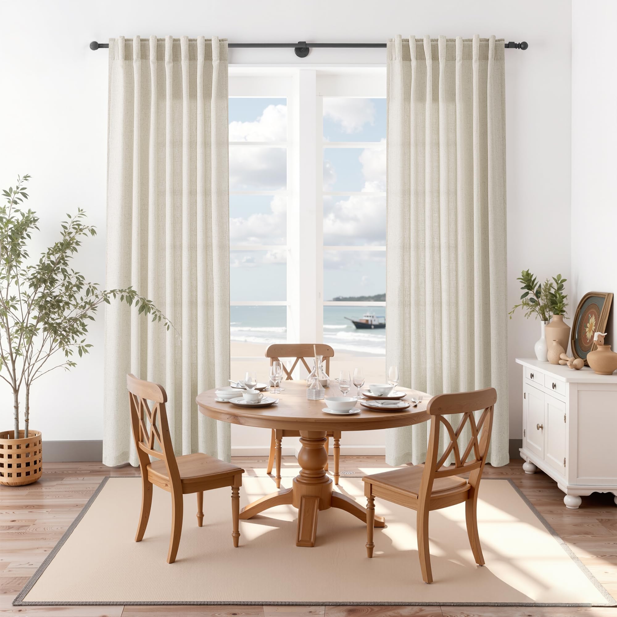 Nanspring Vanilla Linen Curtains 102 Inches Long for Living Room Light Filtering Semi Sheer Curtain Back Tab Modern Farmhouse Decor Floor to Ceiling Coastal Drapes for Bedroom 52x102, 2 Panels