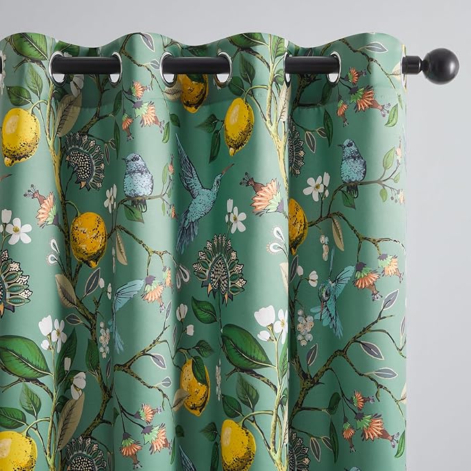 Topfinel 80 Inches Long Custom Sage Green Luxury Curtains for Living Room Bedroom, Blackout Vintage Victorian Curtains Floral Lemon Hummingbird Printed Grommet Drape 80 Inch Length