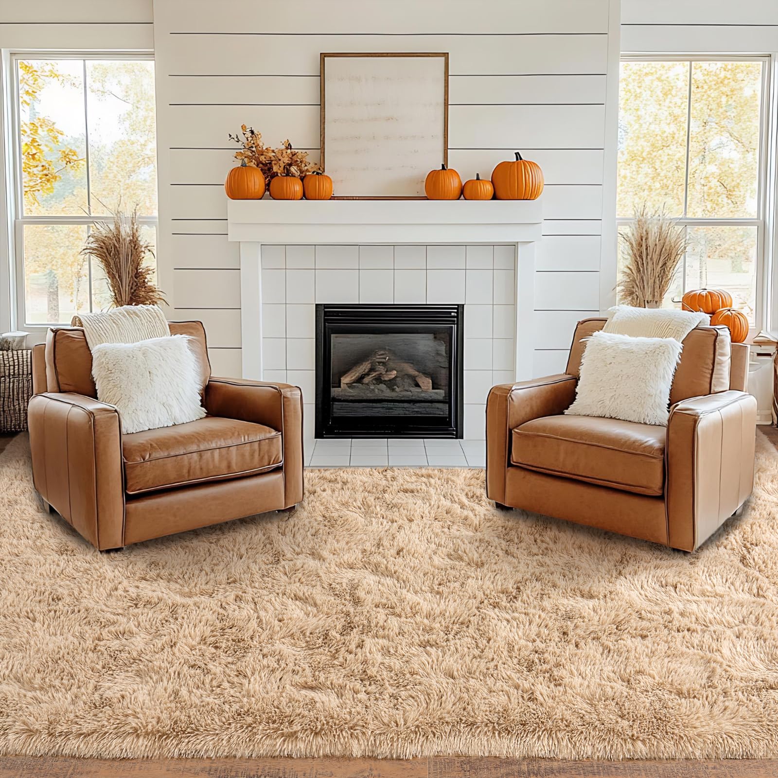 Pionblank 8x10 Rug for Living Room, Fluffy Plush Large Area Rug, Camel