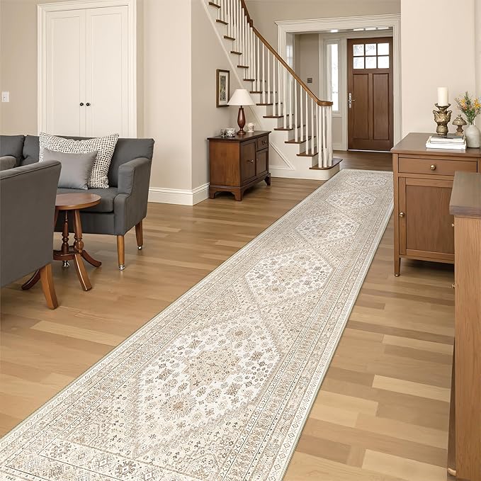 Restydon Washable Runner Rug 2.5x16, Non-Slip Long Kitchen Rugs,Cream/Beige