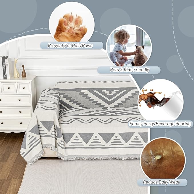 MYSKY HOME Couch Cover for Sectional Sofa Set for Dog Cat Pets Couch Cover 3 Cushion Couch Sofa Chenille Boho Geometric Furniture Sofa Cover Washable Couch Protector Multi-Use Throw Blanket, 71" X134"