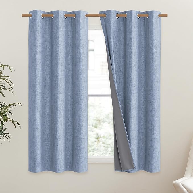 NICETOWN Stone Blue Vintage Linen 100% Blackout Curtains for Dining Room, Thermal Insulated Curtains 45" Long, Noise Reducing Window Treatment Drapes for Kitchen, 42" Wide Per Panel, Set of 2