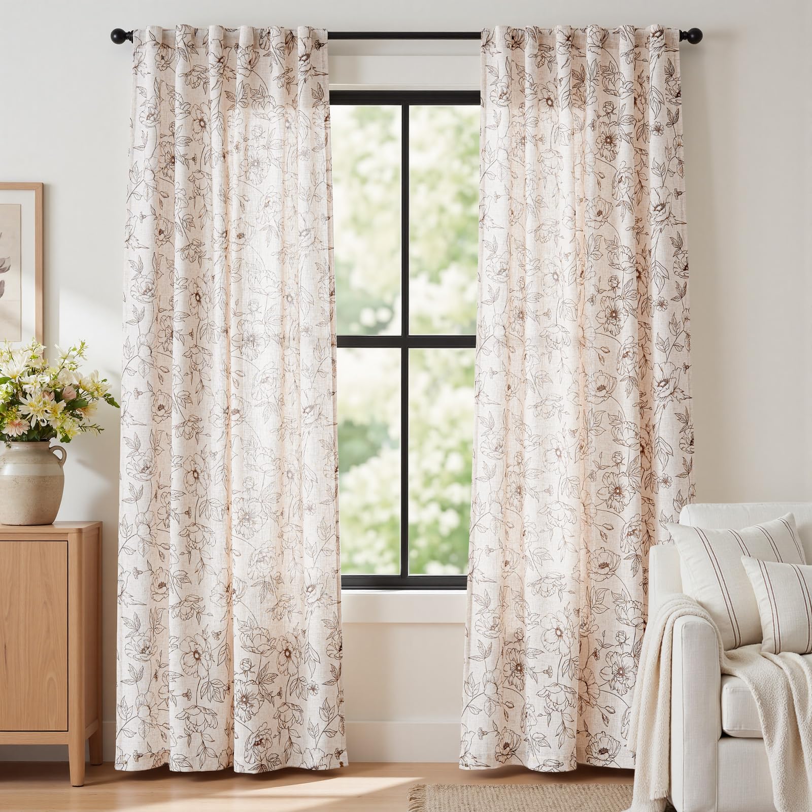 jinchan Floral Linen Curtains for Living Room 84 Inch Length Brown Flower Curtain Rod Pocket Back Tab Farmhouse Curtains with Printed Floral Bedroom Window Curtain Set, 2 Panels Brown