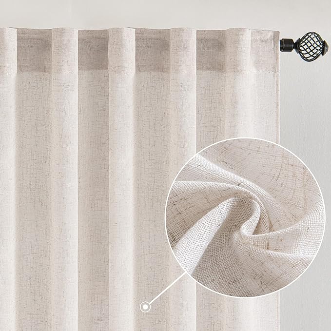 MIULEE White Linen Curtains 84 Inch Length for Bedroom Living Room, Soft Thick Linen Textured Window Drapes Semi Sheer Light Filtering Rod Pocket Back Tab Burlap Look Farmhouse Decor, 2 Panels