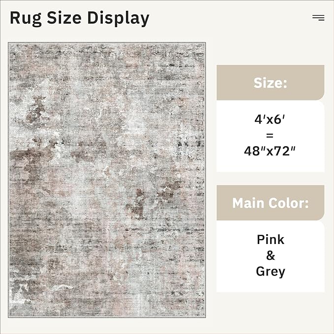 Area Rugs 4x6 for Living Room, Vintage Washable Rugs for Dining Room, Kitchen, Non-Slip Area Rug Pink Grey