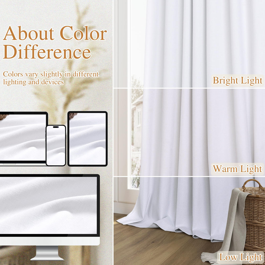 Guken White 100% Blackout Linen Curtains 52 Inch Wide by 140 Inch for Living Room Bedroom Back Tab/Rod Pocket Thermal Insulated Black Out Linen 2 Drapes Room Darkening Window Curtains,52x140
