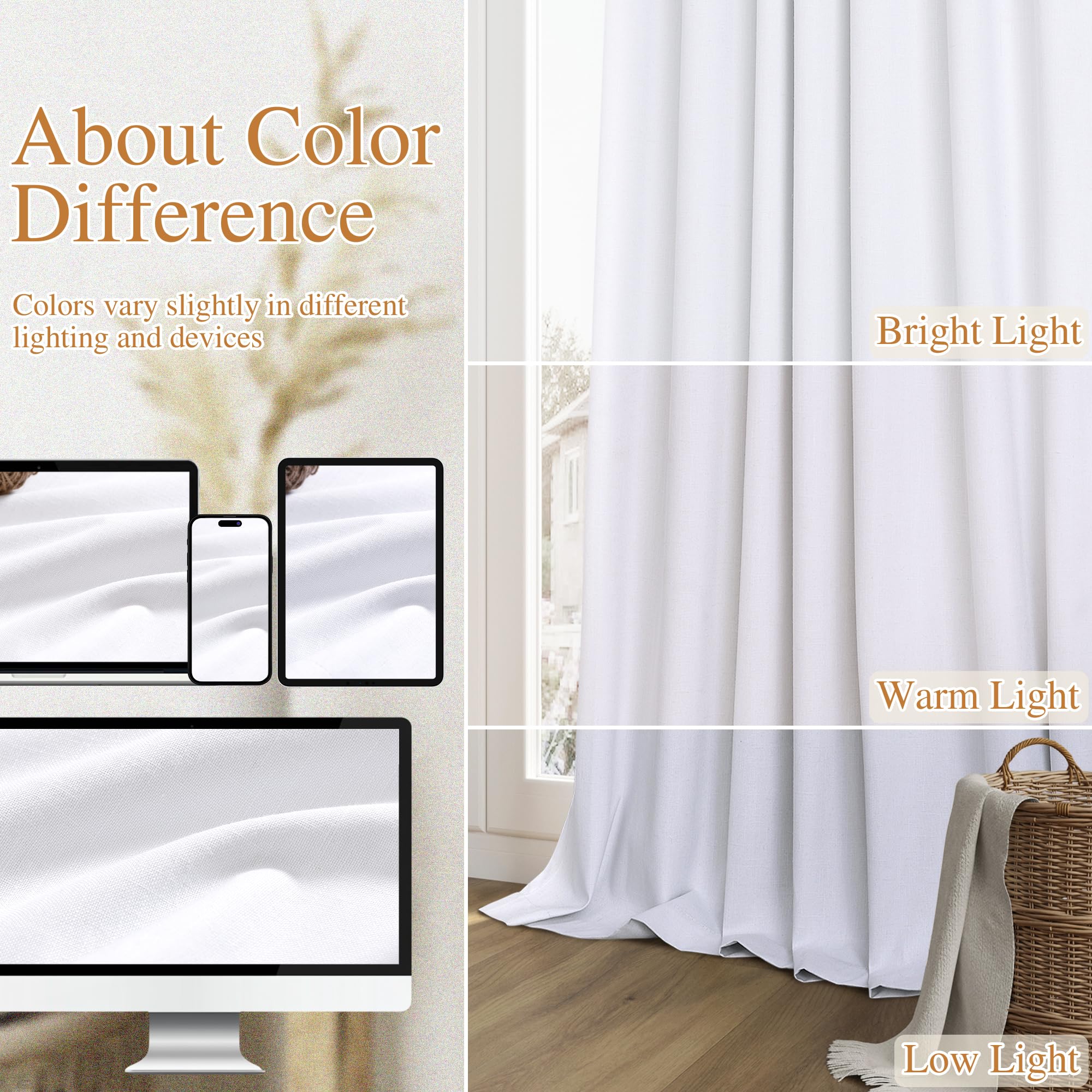 Guken White 100% Blackout Linen Curtains 52 Inch Wide by 124 Inch for Living Room Bedroom Back Tab Thermal Insulated Black Out Linen 2 Drapes Room Darkening Window Curtains