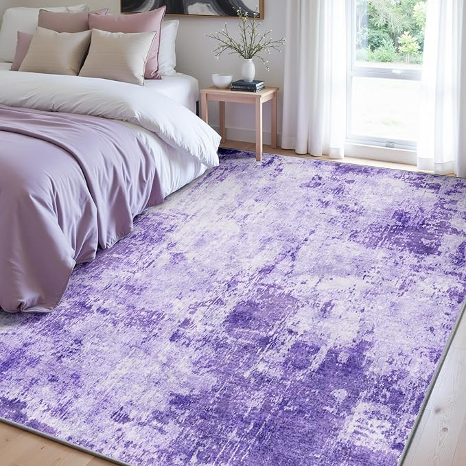Washable Area Rugs 6'x8' Non-Slip Modern Abstract Soft for Living Room Entryway Bedroom Nursery, Print Pattern, Purple Gray Pink White