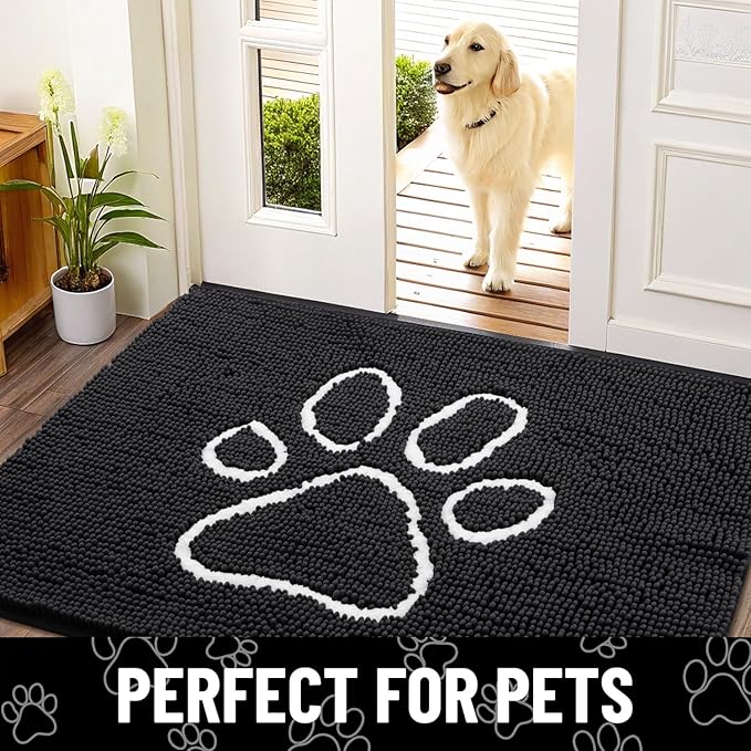 Smiry Dog Door Mat for Muddy Paws, Absorbent Dirt Trapper Non Slip Quick Dry Washable Chenille Mat for Mud Dogs, Entry Rug for Indoor and Outdoor (40x32 Inches, Black and White)