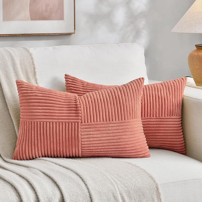 Fancy Homi 2 Packs Coral Lumbar Decorative Throw Pillow Covers 20x28 Inch for Living Room Couch, Rustic Farmhouse Boho Home Decor, Soft Striped Corduroy Rectangle Accent Peach Cushion Case 50x70 cm
