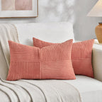 Fancy Homi 2 Packs Coral Lumbar Decorative Throw Pillow Covers 16x28 Inch for Living Room Couch, Rustic Farmhouse Boho Home Decor, Soft Striped Corduroy Rectangle Accent Peach Cushion Case 40x70 cm