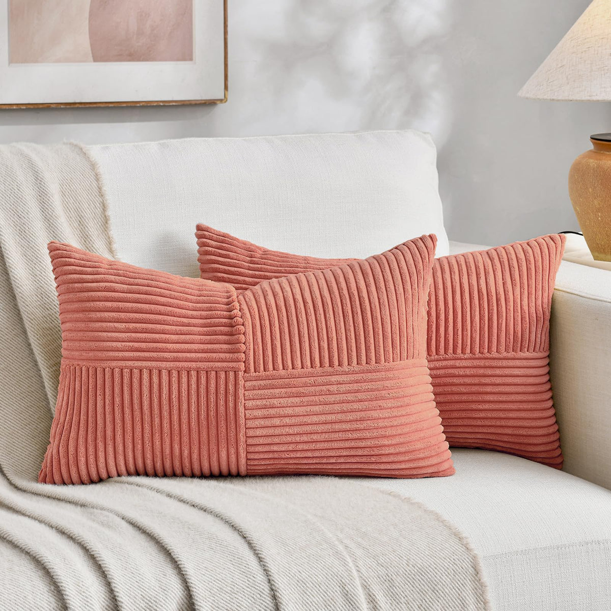 Fancy Homi Set of 2 Light Blue Long Lumbar Decorative Throw Pillow Covers 16x24 Inch for Couch Bed Sofa, Rustic Farmhouse Boho Home Decor, Soft Striped Corduroy Rectangle Accent Cushion Case 40x60 cm