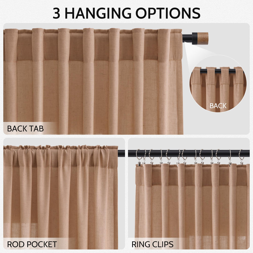 Nanspring Peach Linen Curtains 96 Inches Long Set for Baby Girl Bedroom Back Tab Rod Pocket Semi Sheer Light Filtering Drape for Bedroom Home Decor Protect Privacy 52x96,2 Panels