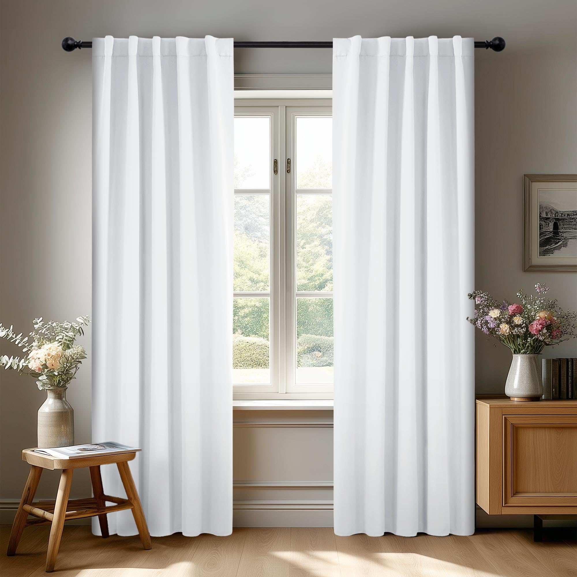 Deconovo Pure White Curtains for Living Room, Back Tab and Rod Pocket Curtain for Bedroom 84 Inches Long for Sliding Door, 42x84 Inch, 2 Panels
