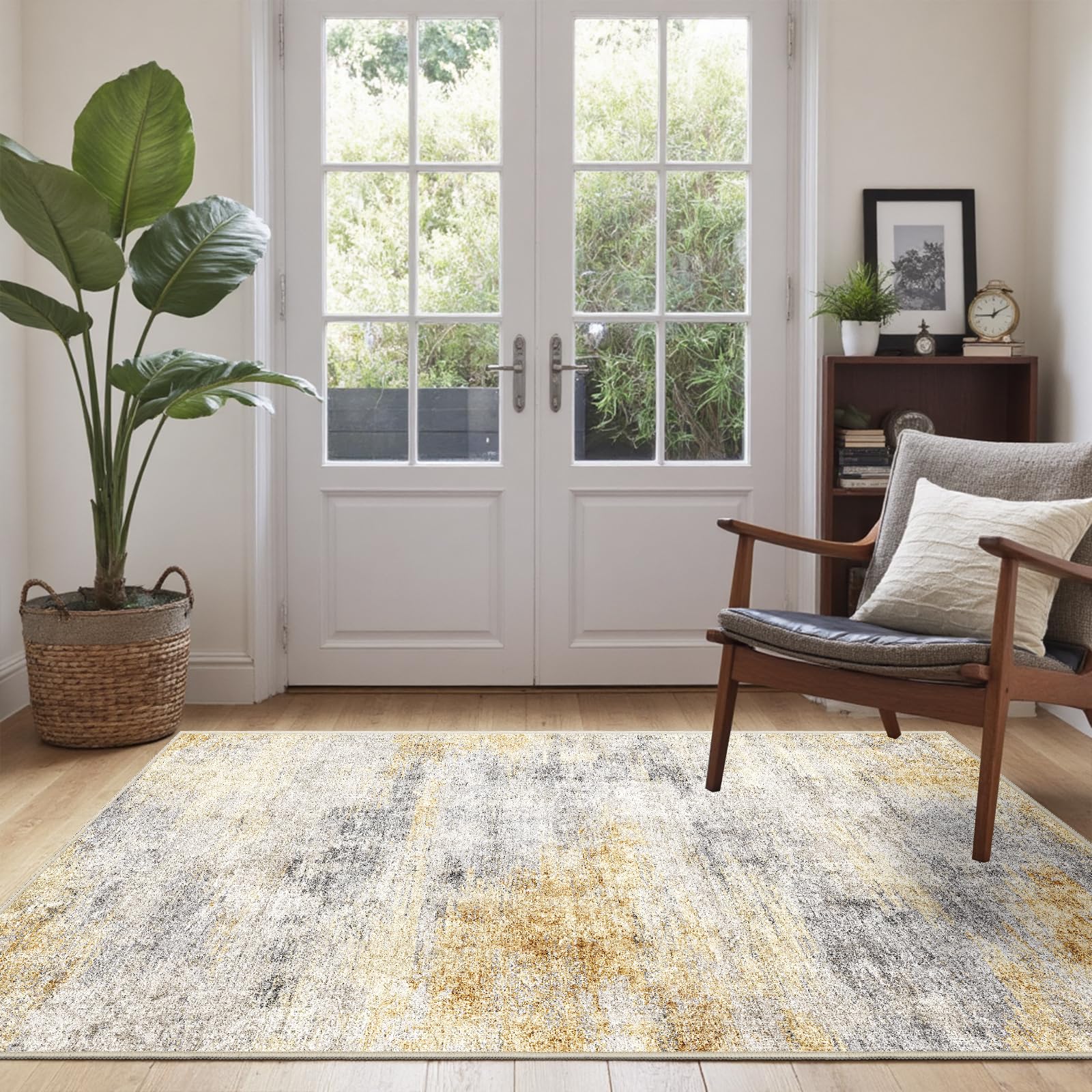 3x5 Area Rug Washable Abstract: Non Slip Entryway Floor Mat Grey/Yellow