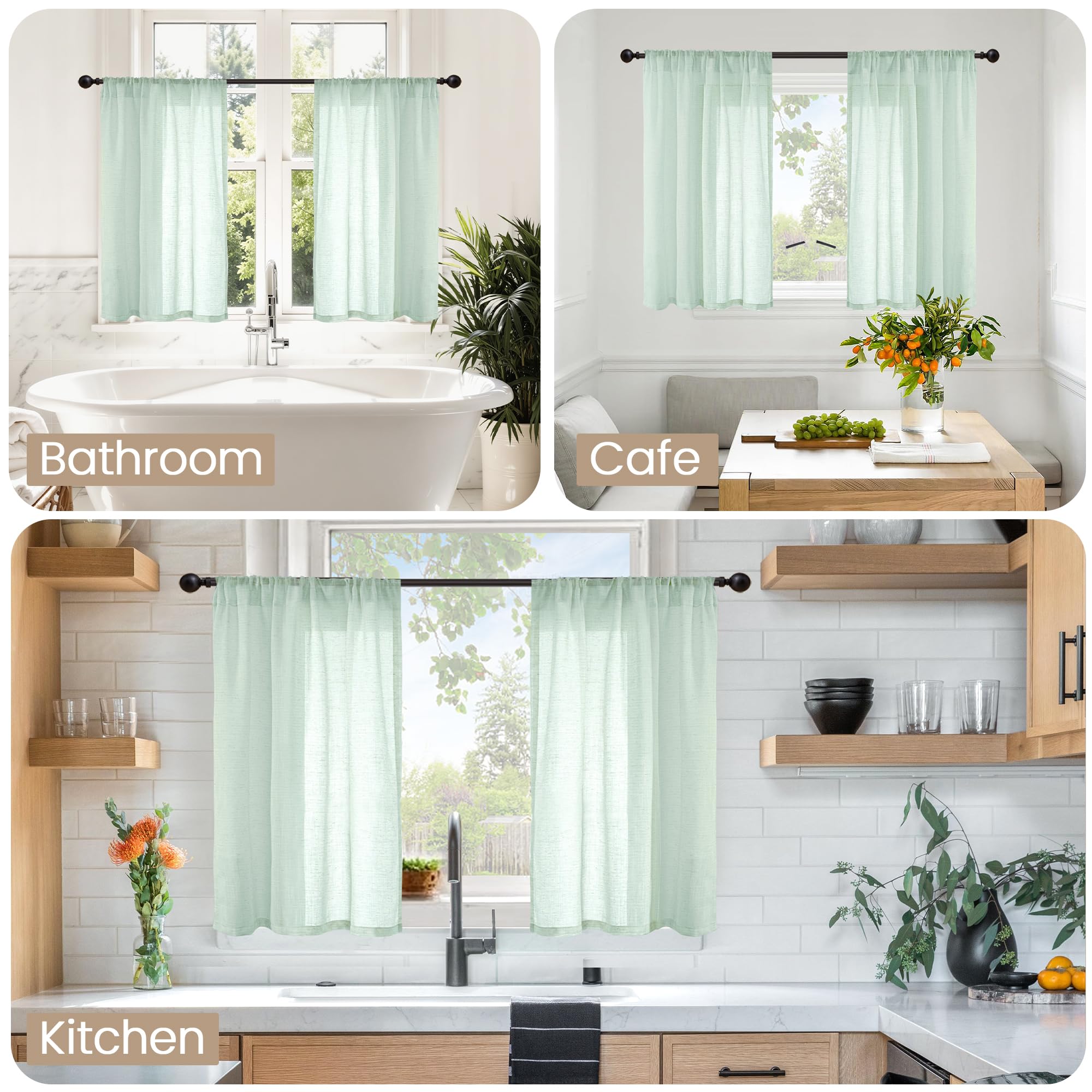 BGment Light Green Linen Curtains 45 Inch Length - Small Window Drapes Lightweight with Rod Pocket for Bathroom Kitchen Window Spring Decor, 2 Panels Set, 30 X 45 Inch