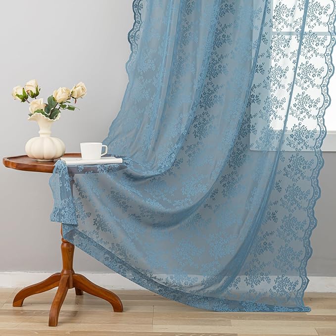 YJ YANJUN Vintage Lace Curtains 102 Inches Long-Victorian Floral Pattern Dusty Blue Boho Floor to Ceiling Sheer Curtain Panels Light-Filtering Rustic Farmhouse Neutral Decor 2 Panels 52W x 102L