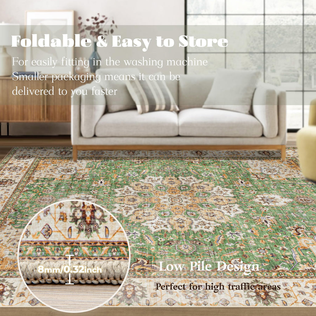 VECARF Area Rug 9x12 Washable Rug, Vintage Boho Medallion Rugs Non-Slip Soft Low Pile Large Distressed Rug Indoor Retro Carpet for Living Room Bedroom Dining Room Home Office (Vintage Green, 9'x12')