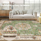 VECARF Area Rug 9x12 Washable Rug, Vintage Boho Medallion Rugs Non-Slip Soft Low Pile Large Distressed Rug Indoor Retro Carpet for Living Room Bedroom Dining Room Home Office (Vintage Green, 9'x12')