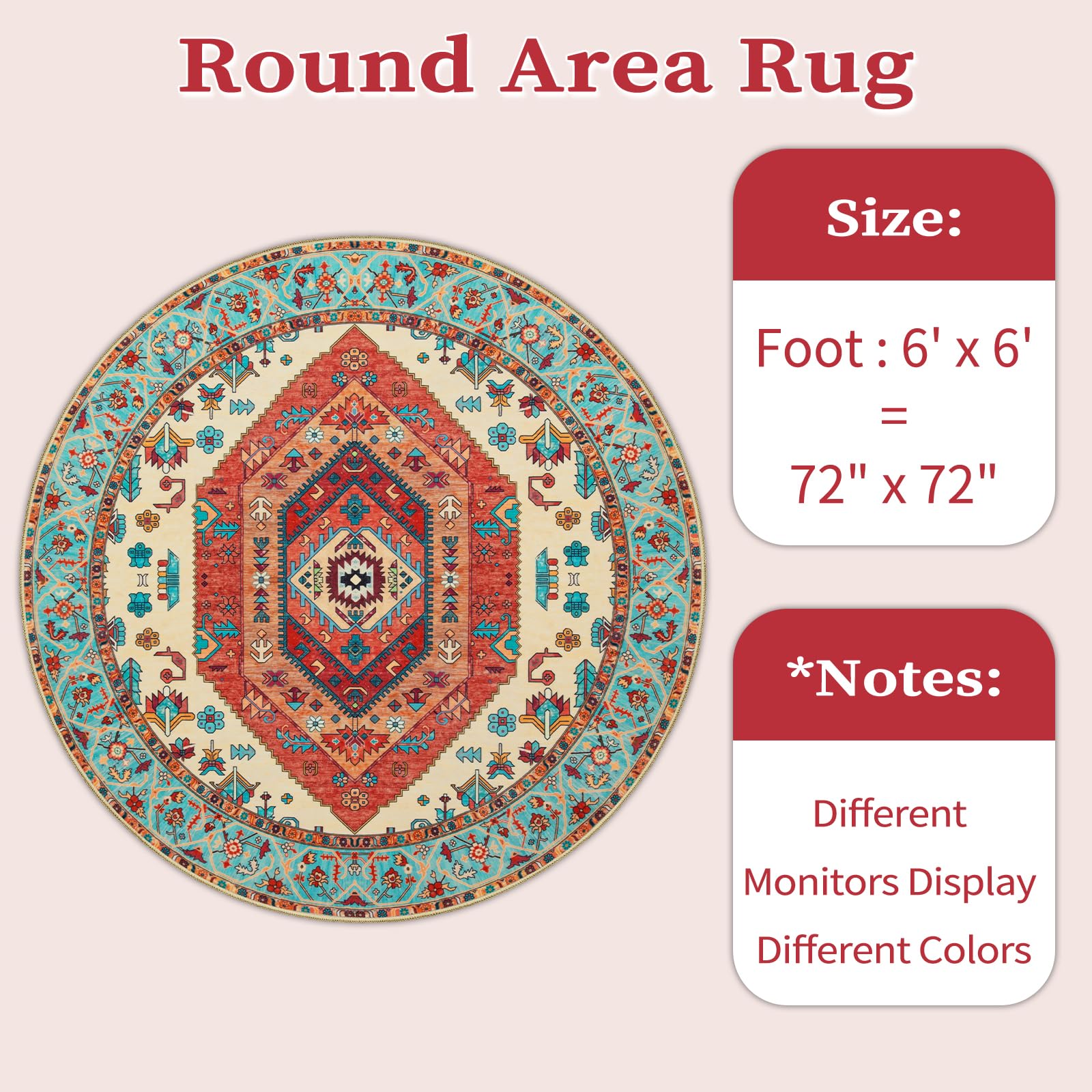 SERISSA 6ft Washable Non Slip Round Boho Area Rug for Bedroom，Orange